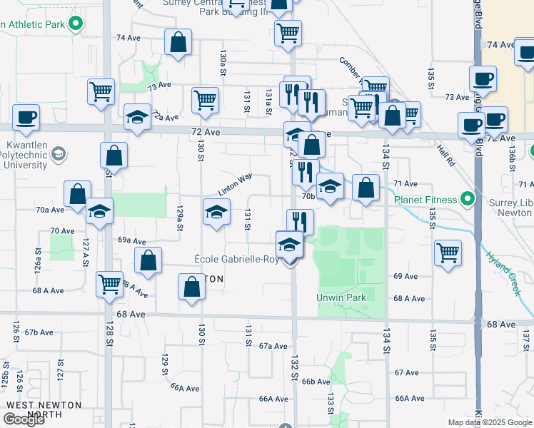 map of restaurants, bars, coffee shops, grocery stores, and more near 7050 131 Street in Surrey