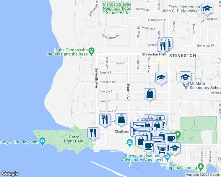 map of restaurants, bars, coffee shops, grocery stores, and more near 3251 Georgia Street in Richmond