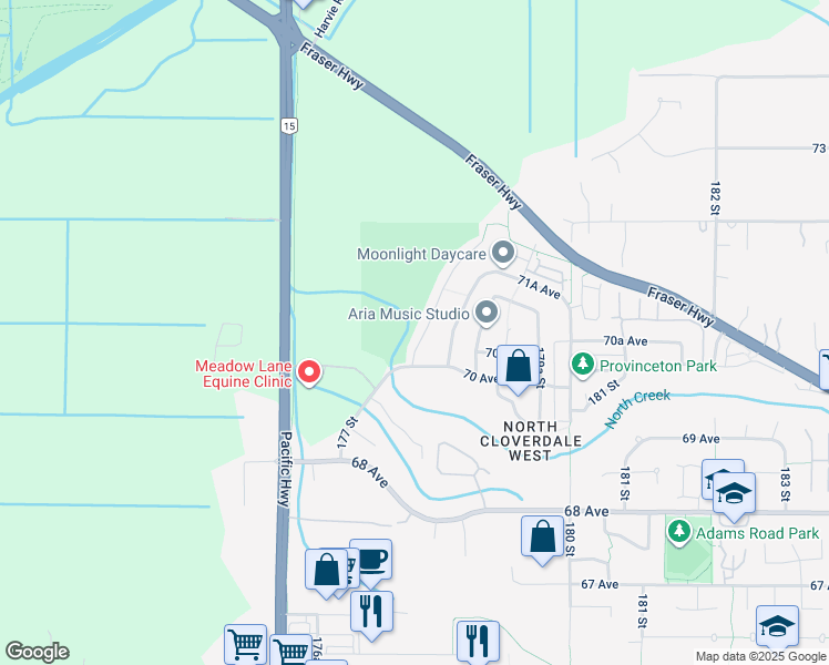 map of restaurants, bars, coffee shops, grocery stores, and more near 7041 177A Street in Surrey