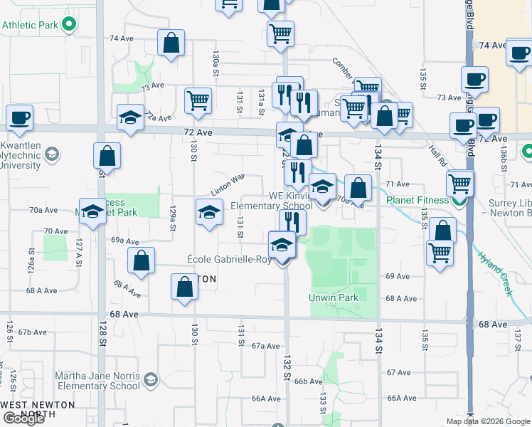 map of restaurants, bars, coffee shops, grocery stores, and more near 13176 70B Avenue in Surrey