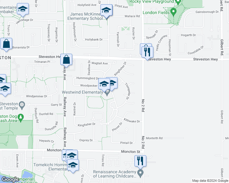 map of restaurants, bars, coffee shops, grocery stores, and more near 11320 Kingfisher Drive in Richmond