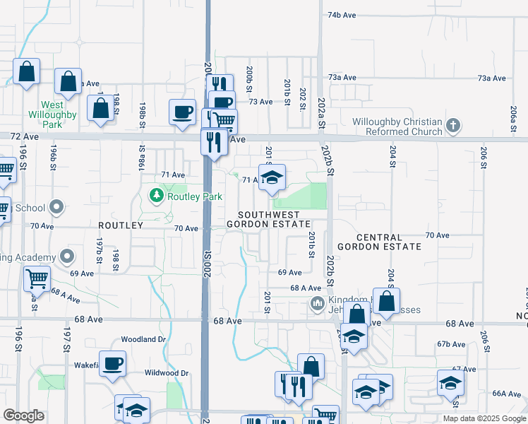 map of restaurants, bars, coffee shops, grocery stores, and more near 7037 201 Street in Langley