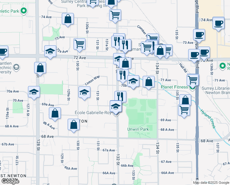 map of restaurants, bars, coffee shops, grocery stores, and more near 7021 132 Street in Surrey