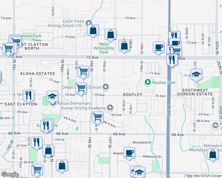 map of restaurants, bars, coffee shops, grocery stores, and more near 19688 70A Avenue in Langley Township