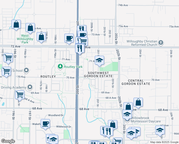 map of restaurants, bars, coffee shops, grocery stores, and more near 7040 200A Street in Langley