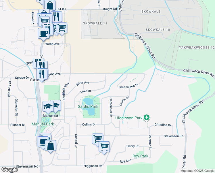 map of restaurants, bars, coffee shops, grocery stores, and more near 46046 Lake Drive in Chilliwack
