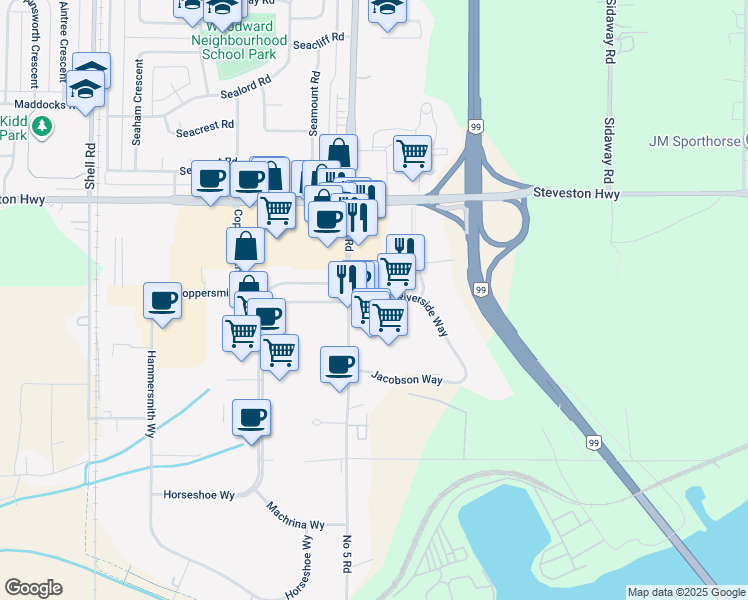 map of restaurants, bars, coffee shops, grocery stores, and more near 12011 Riverside Way in Richmond