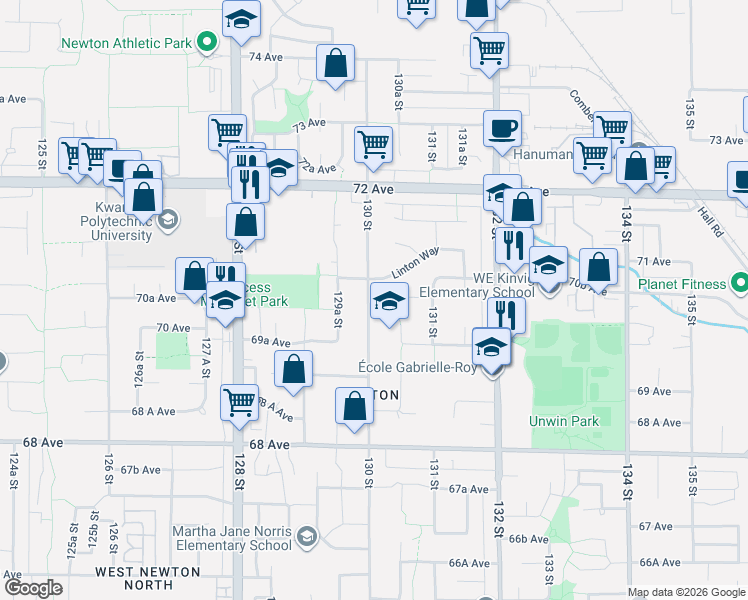 map of restaurants, bars, coffee shops, grocery stores, and more near 7030 130 Street in Surrey
