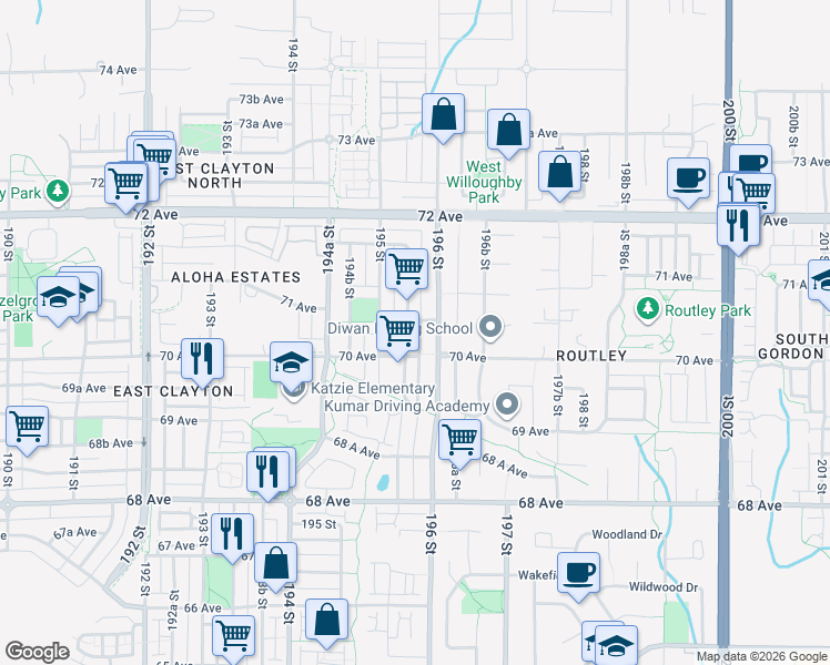 map of restaurants, bars, coffee shops, grocery stores, and more near 7032 195A Street in Surrey