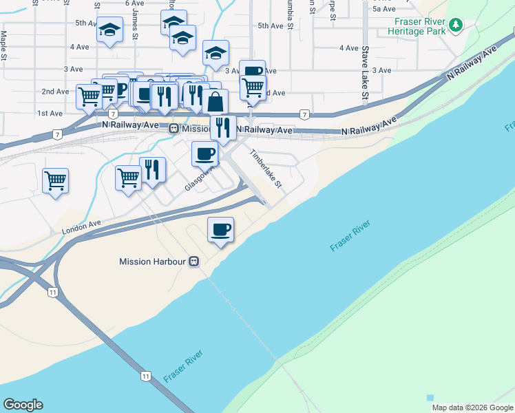 map of restaurants, bars, coffee shops, grocery stores, and more near 7101 Horne Street in Mission
