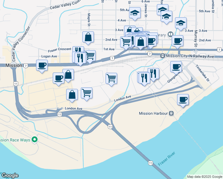 map of restaurants, bars, coffee shops, grocery stores, and more near 32929 Mission Way in Mission