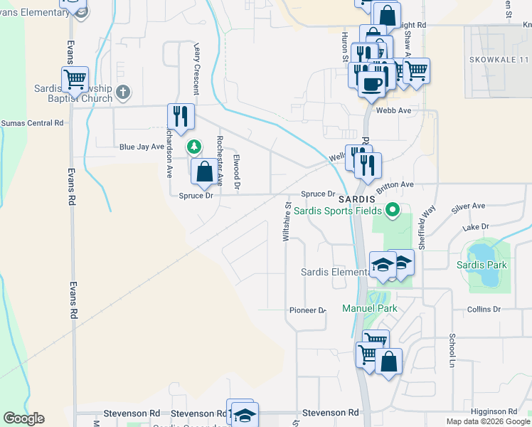 map of restaurants, bars, coffee shops, grocery stores, and more near 6958 Coach Lamp Drive in Chilliwack