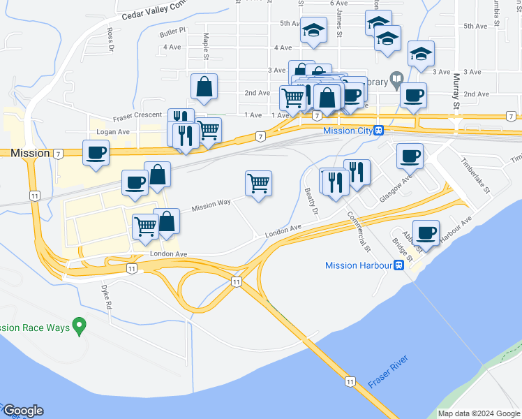 map of restaurants, bars, coffee shops, grocery stores, and more near 32929 Mission Way in Mission