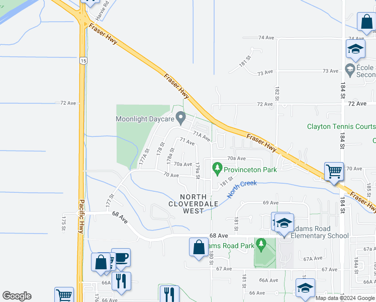 map of restaurants, bars, coffee shops, grocery stores, and more near 7078 179 Street in Surrey