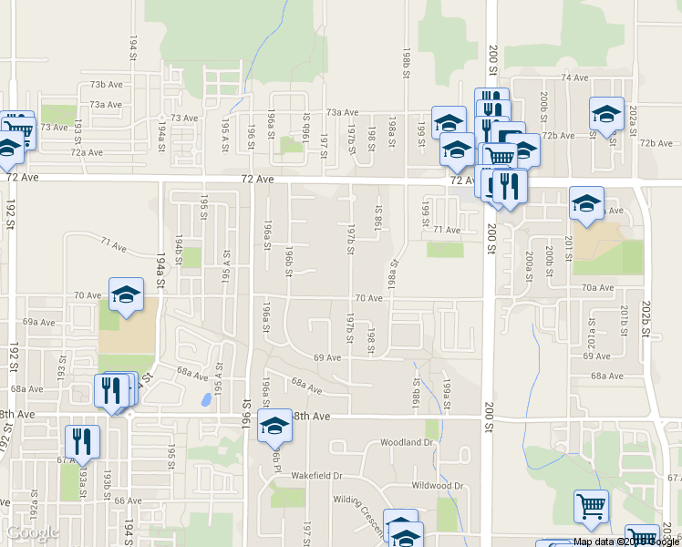 map of restaurants, bars, coffee shops, grocery stores, and more near 7043 197B Street in Langley