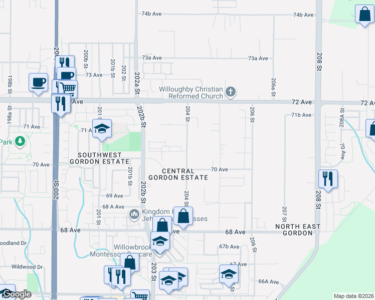 map of restaurants, bars, coffee shops, grocery stores, and more near 7049 204 Street in Langley