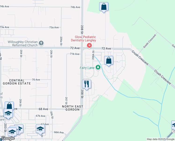 map of restaurants, bars, coffee shops, grocery stores, and more near 20831 70 Avenue in Langley Township