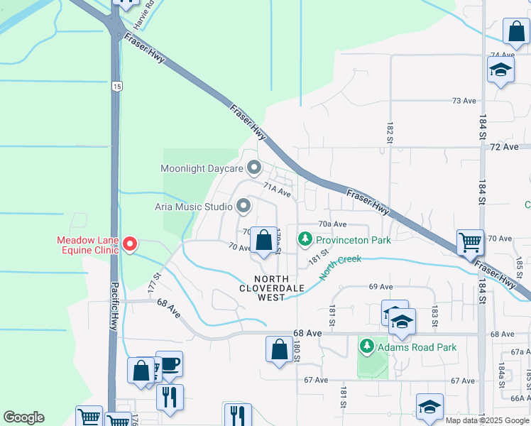 map of restaurants, bars, coffee shops, grocery stores, and more near 7078 179 Street in Surrey