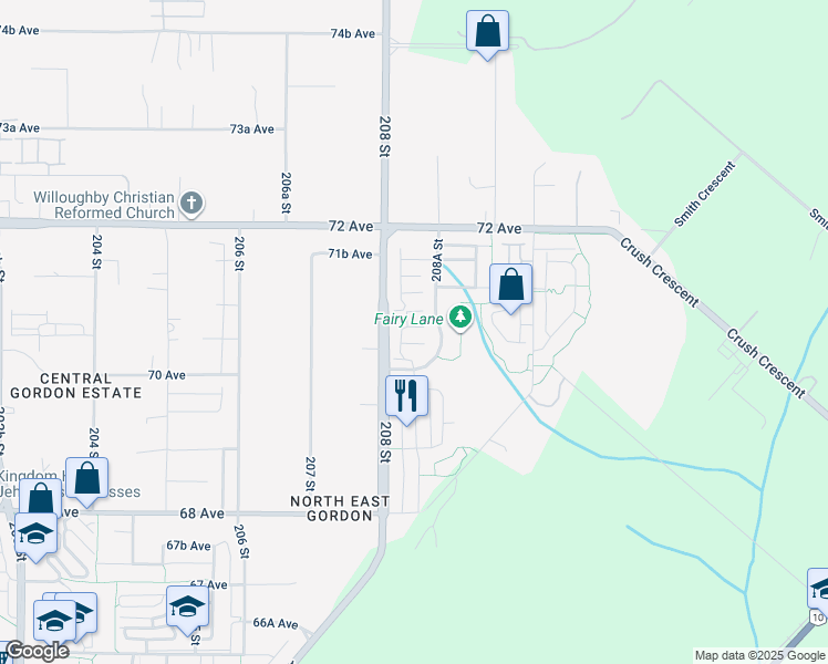 map of restaurants, bars, coffee shops, grocery stores, and more near 20831 70 Avenue in Langley