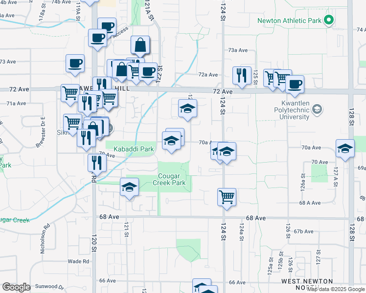 map of restaurants, bars, coffee shops, grocery stores, and more near 12280 70A Avenue in Surrey