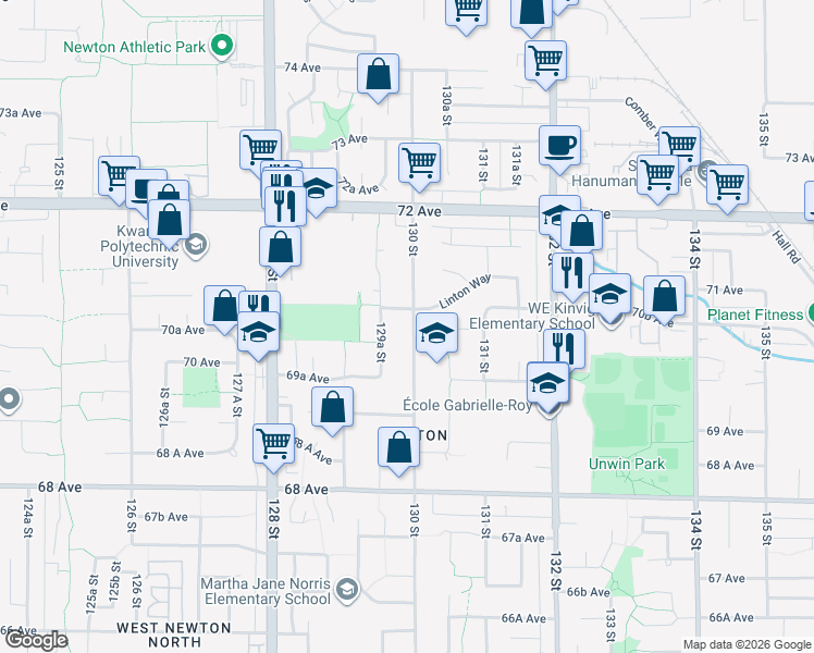 map of restaurants, bars, coffee shops, grocery stores, and more near 7039 130 Street in Surrey