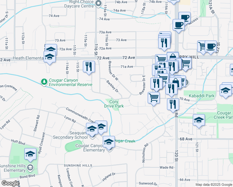 map of restaurants, bars, coffee shops, grocery stores, and more near 7017 Barkley Drive in Delta