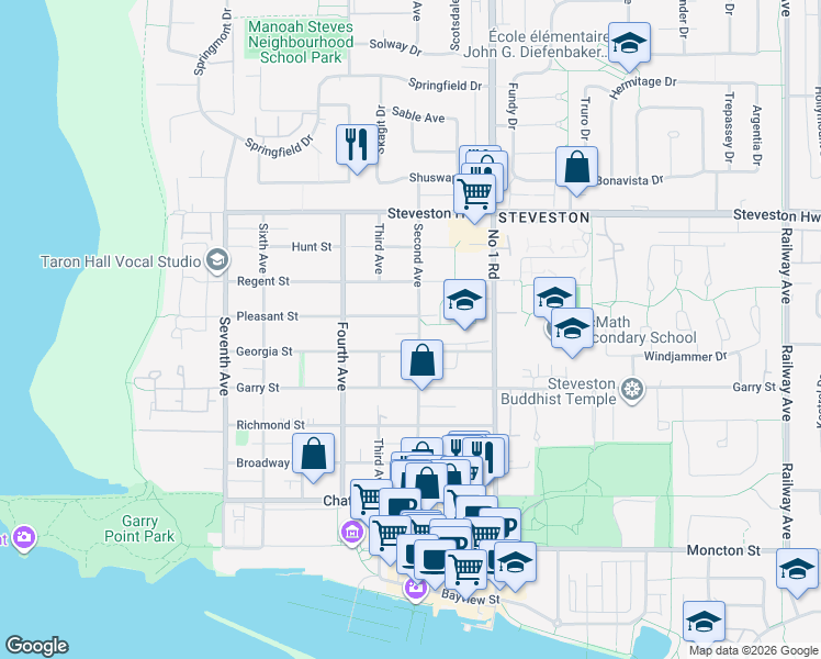 map of restaurants, bars, coffee shops, grocery stores, and more near 11411 Second Avenue in Richmond