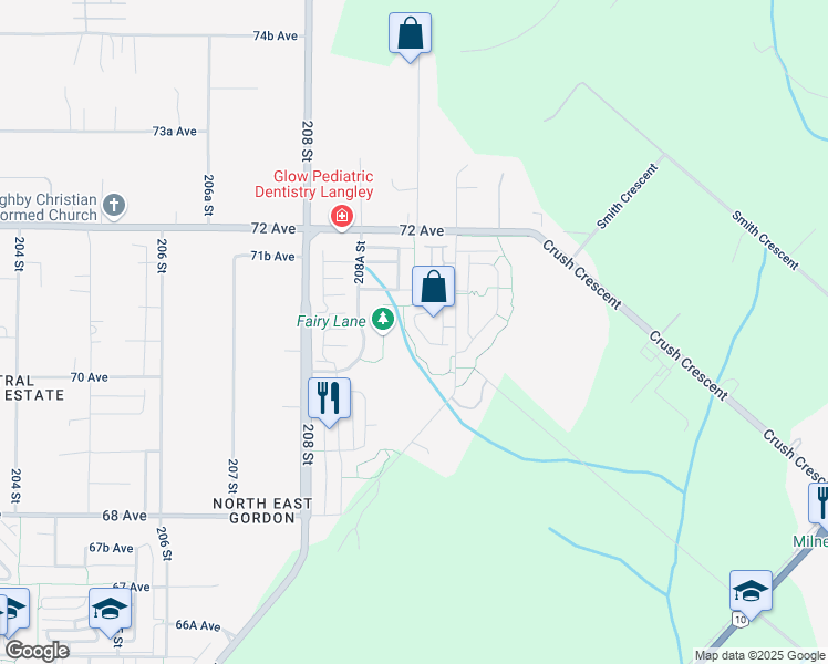 map of restaurants, bars, coffee shops, grocery stores, and more near 7059 210 Street in Langley Township