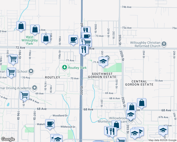 map of restaurants, bars, coffee shops, grocery stores, and more near 20033 70 Avenue in Langley