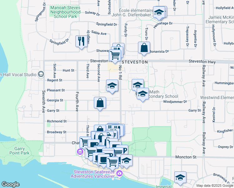 map of restaurants, bars, coffee shops, grocery stores, and more near 11339 Number 1 Road in Richmond