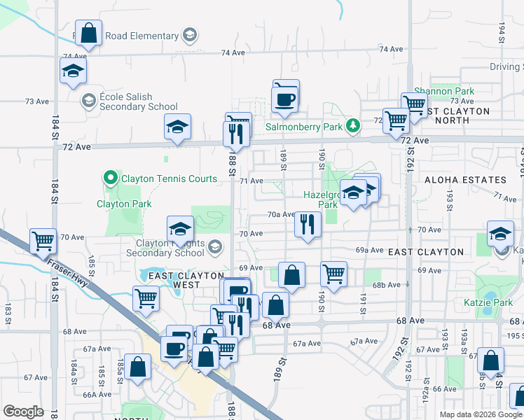 map of restaurants, bars, coffee shops, grocery stores, and more near 18857 70A Avenue in Surrey