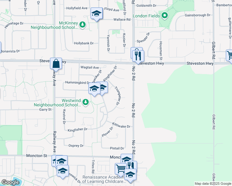 map of restaurants, bars, coffee shops, grocery stores, and more near 11511 Trumpeter Drive in Richmond