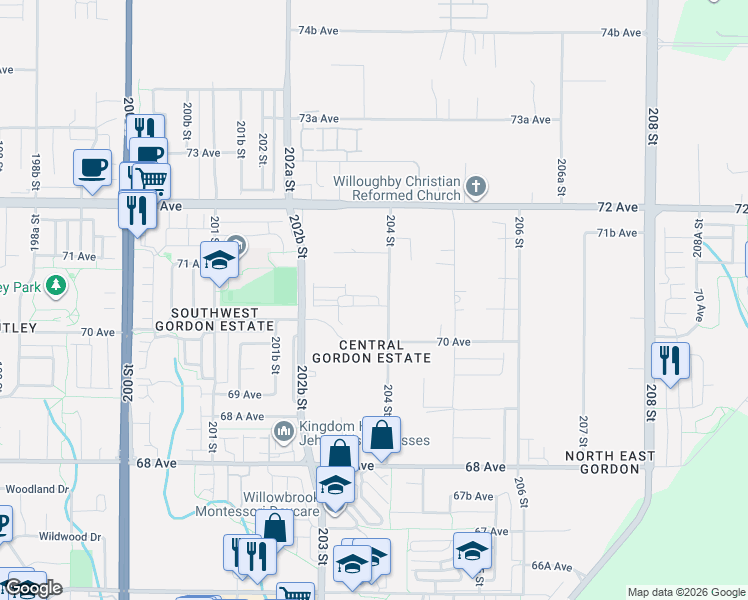 map of restaurants, bars, coffee shops, grocery stores, and more near 20335 70A Avenue in Langley