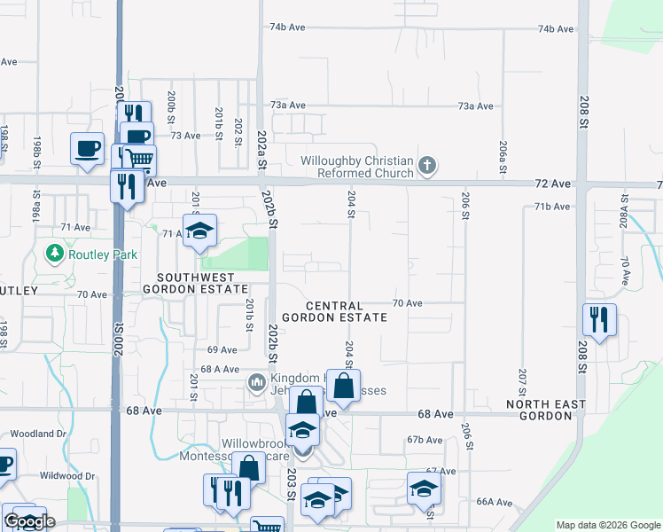 map of restaurants, bars, coffee shops, grocery stores, and more near 20335 70A Avenue in Langley