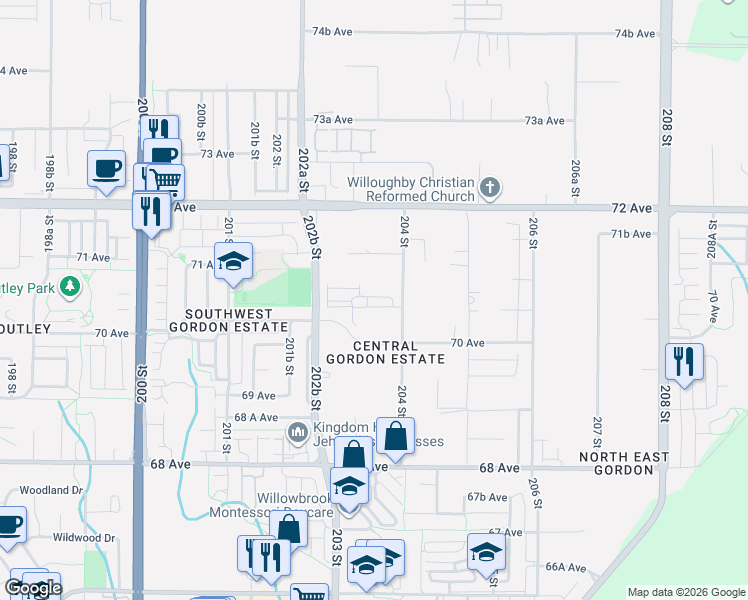 map of restaurants, bars, coffee shops, grocery stores, and more near 7049 204 Street in Langley