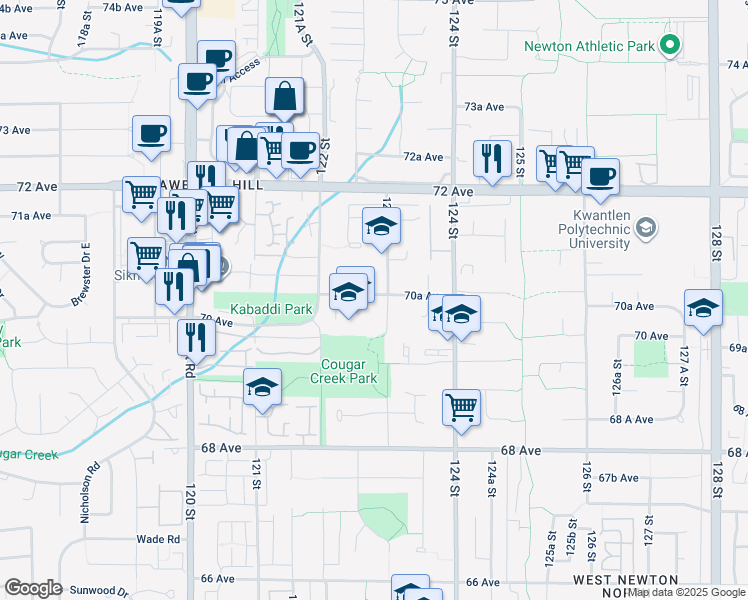 map of restaurants, bars, coffee shops, grocery stores, and more near 12280 70A Avenue in Surrey