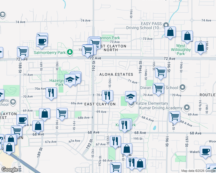 map of restaurants, bars, coffee shops, grocery stores, and more near 7041 193 Street in Surrey
