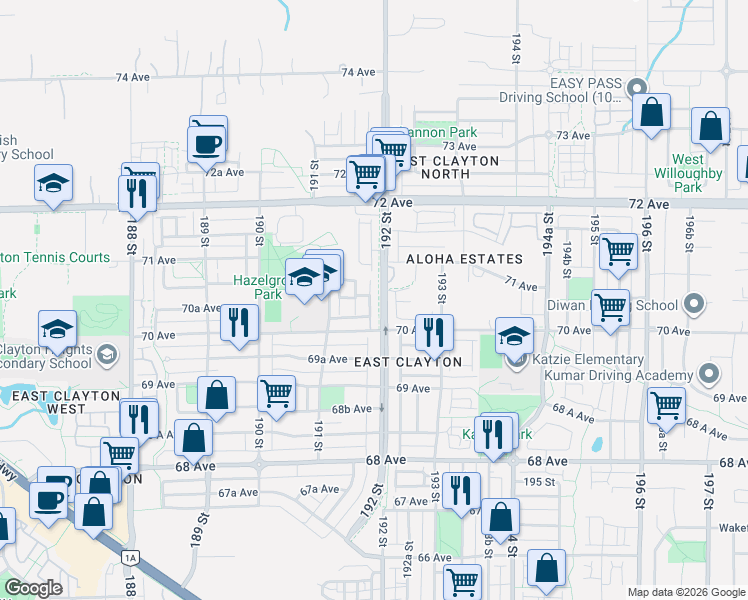 map of restaurants, bars, coffee shops, grocery stores, and more near 7088 191 Street in Surrey