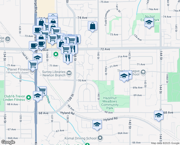 map of restaurants, bars, coffee shops, grocery stores, and more near 13925 70 Avenue in Surrey