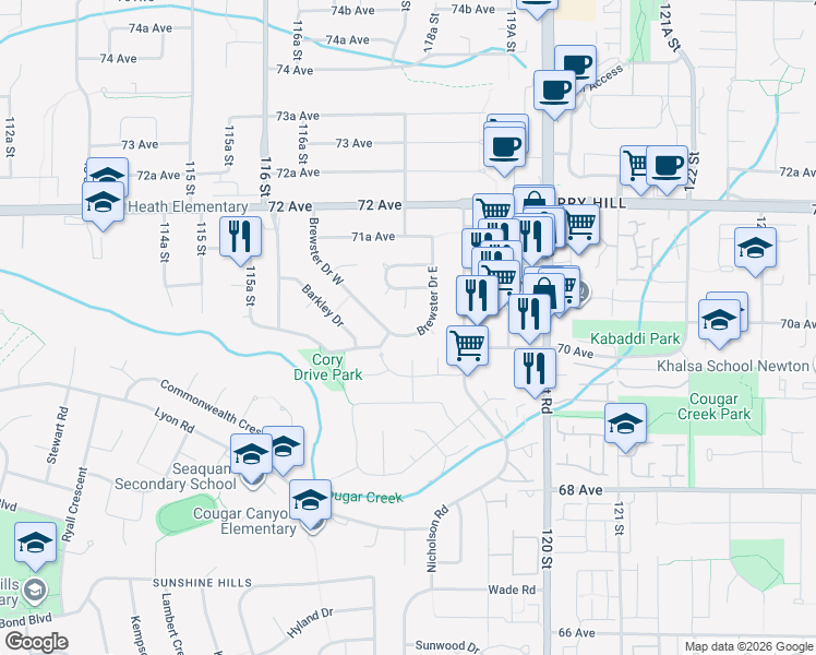 map of restaurants, bars, coffee shops, grocery stores, and more near 7027 Brewster Drive East in Delta