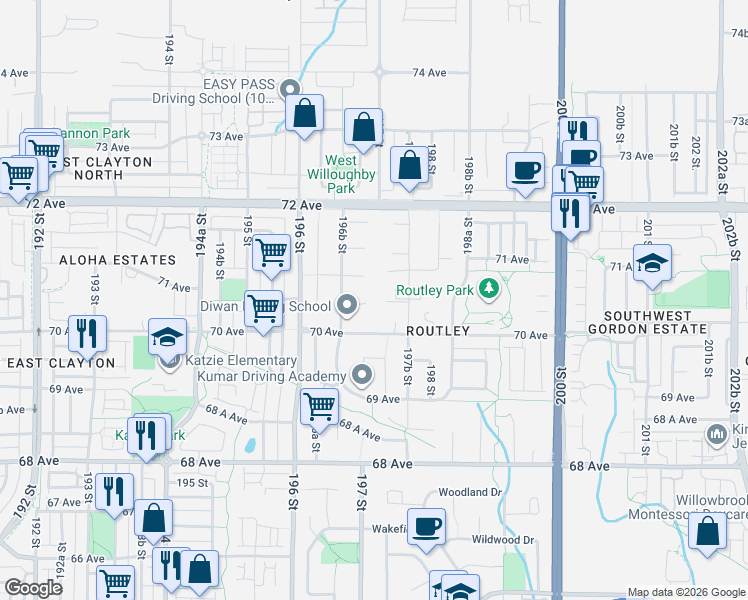 map of restaurants, bars, coffee shops, grocery stores, and more near 19693 70A Avenue in Langley