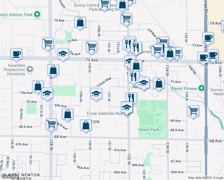 map of restaurants, bars, coffee shops, grocery stores, and more near 7050 131 Street in Surrey