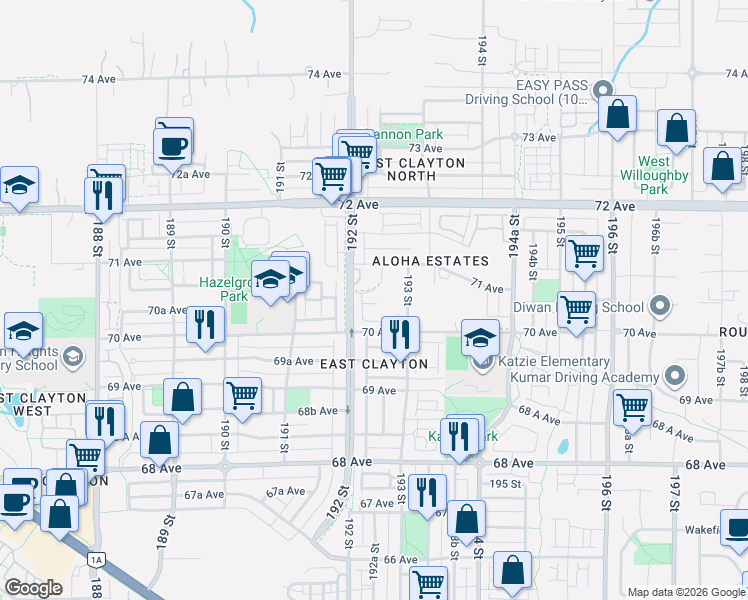 map of restaurants, bars, coffee shops, grocery stores, and more near 7056 192 Street in Surrey