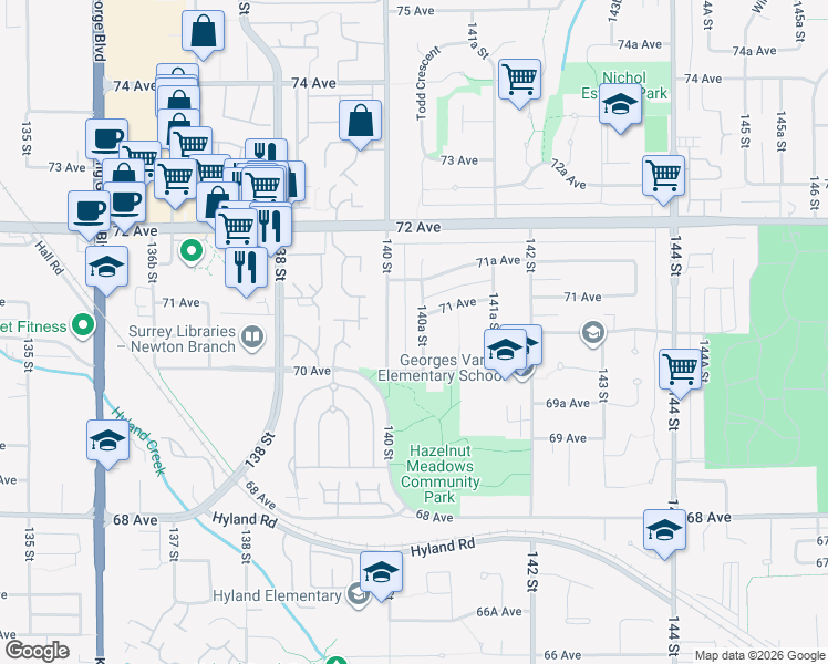 map of restaurants, bars, coffee shops, grocery stores, and more near 7055 140A Street in Surrey