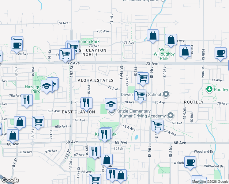 map of restaurants, bars, coffee shops, grocery stores, and more near 7068 194 Street in Surrey