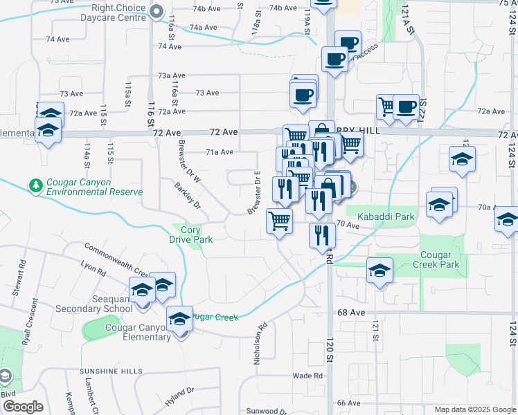 map of restaurants, bars, coffee shops, grocery stores, and more near 7060 Brewster Drive in Delta
