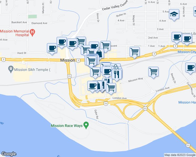 map of restaurants, bars, coffee shops, grocery stores, and more near 32545 London Avenue in Mission