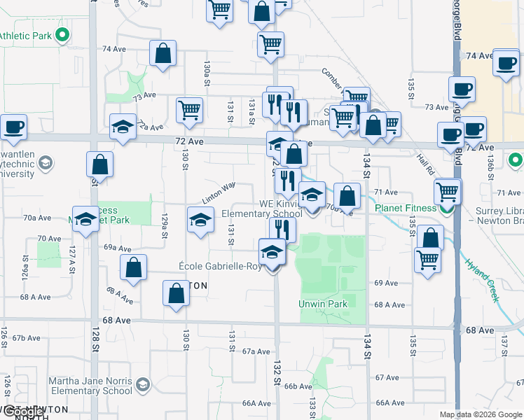 map of restaurants, bars, coffee shops, grocery stores, and more near 13176 70B Avenue in Surrey