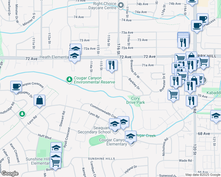 map of restaurants, bars, coffee shops, grocery stores, and more near 7031 115A Street in Delta