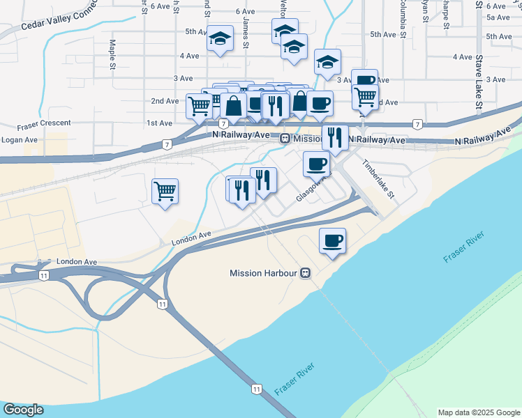 map of restaurants, bars, coffee shops, grocery stores, and more near 7117 Bridge Street in Mission